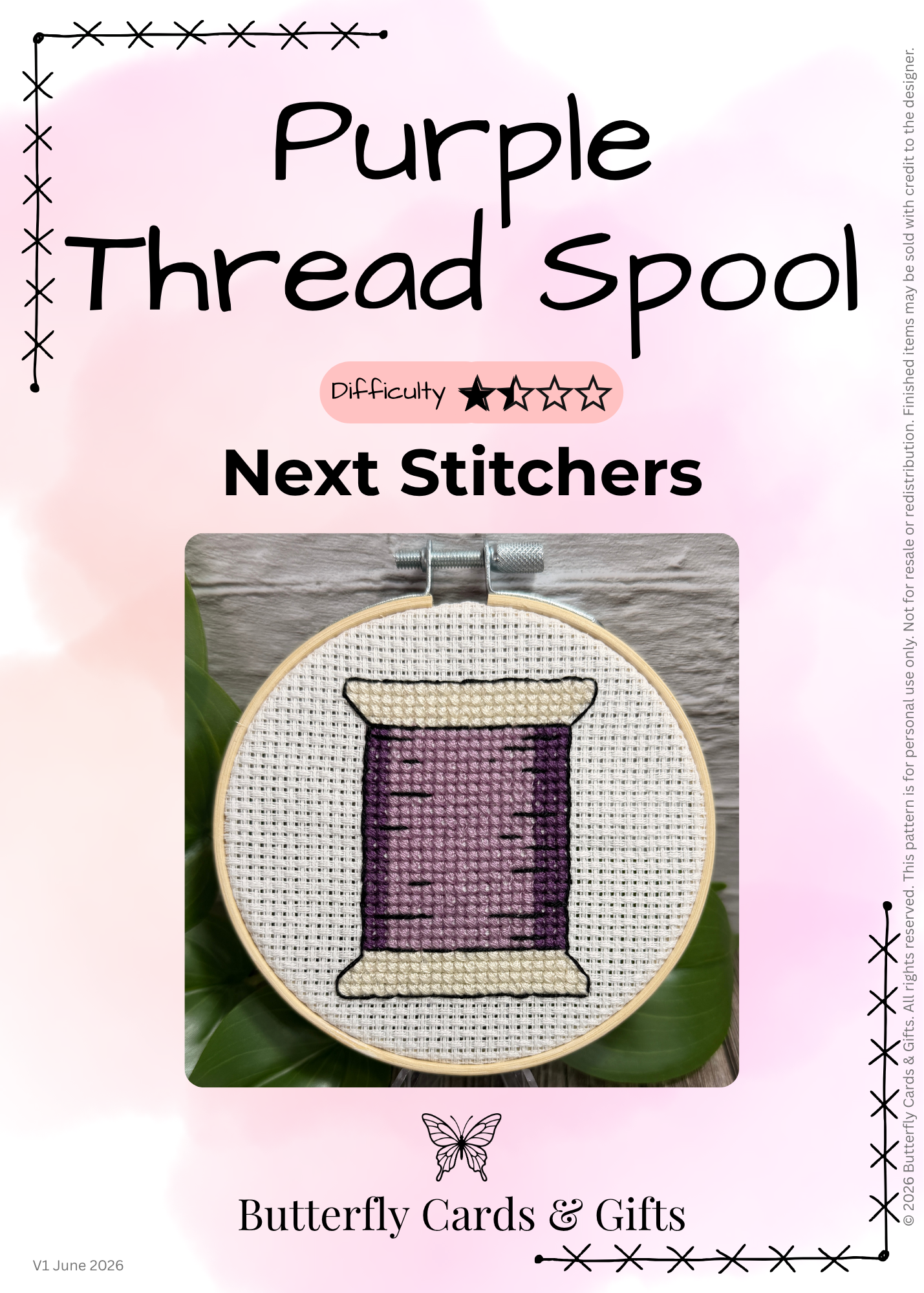 Promotional graphic for 'Purple Thread Spool' Next Stitches by Butterfly Cards & Gifts, showing a circular embroidery hoop with a purple spool stitched in purple thread against a pink watercolor background.