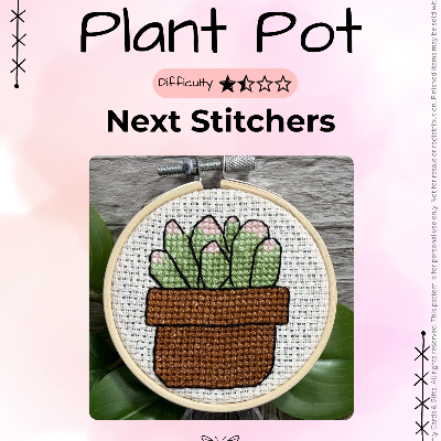 Promotional graphic for a cross-stitch pattern titled 'Succulent Plant Pot' by Butterfly Cards & Gifts, showing a finished circular stitched cactus pot design in the center with text indicating difficulty and Next Stitches.