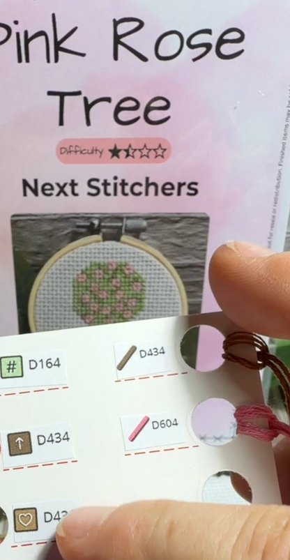 A close-up of a hand holding a white thread card with embroidery thread color swatches and text reading 'Pink Rose Tree Next Stitches' in the background.