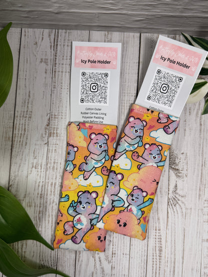 Fabric Icy Pole Holder with  care bear pattern on a wooden surface