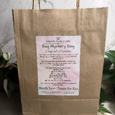 Brown paper bag with a label on a marble surface