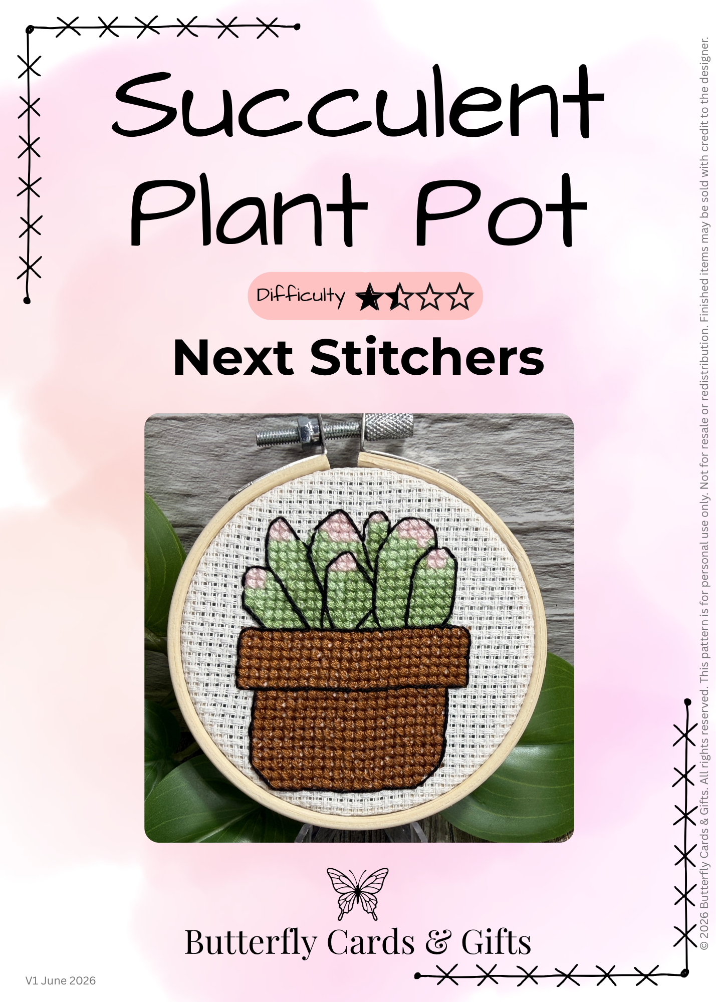 Promotional graphic for a cross-stitch pattern titled 'Succulent Plant Pot' by Butterfly Cards & Gifts, showing a finished circular stitched cactus pot design in the center with text indicating difficulty and Next Stitches.