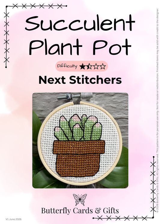 Promotional graphic for a cross-stitch pattern titled 'Succulent Plant Pot' by Butterfly Cards & Gifts, showing a finished circular stitched cactus pot design in the center with text indicating difficulty and Next Stitches.