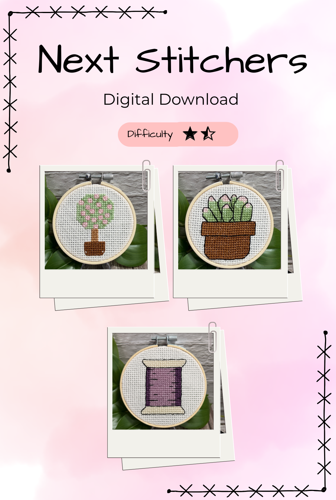 Digital download cover for a cross-stitch pattern set titled 'Next Stitches' on a pink background. The cover shows three sample circular cross-stitch designs in embroidery hoops: a green tree, a green succulent in a brown pot, and a purple spool of thread.