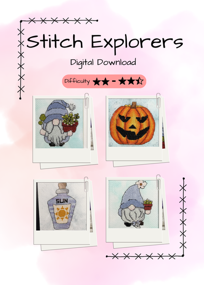 Promotional graphic for a digital cross stitch pattern set titled 'Stitch Explorers' with a difficulty rating of 1 star. The graphic showcases four completed cross-stitch designs: a gnome with a potted plant, a jack-o'-lantern, a sun potion bottle, and a gnome with a potted plant, all displayed on a soft pink watercolor background with decorative stitched borders.
