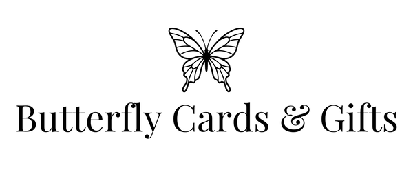 A black line-art butterfly icon above the text 'Butterfly Cards & Gifts' on a plain white background.